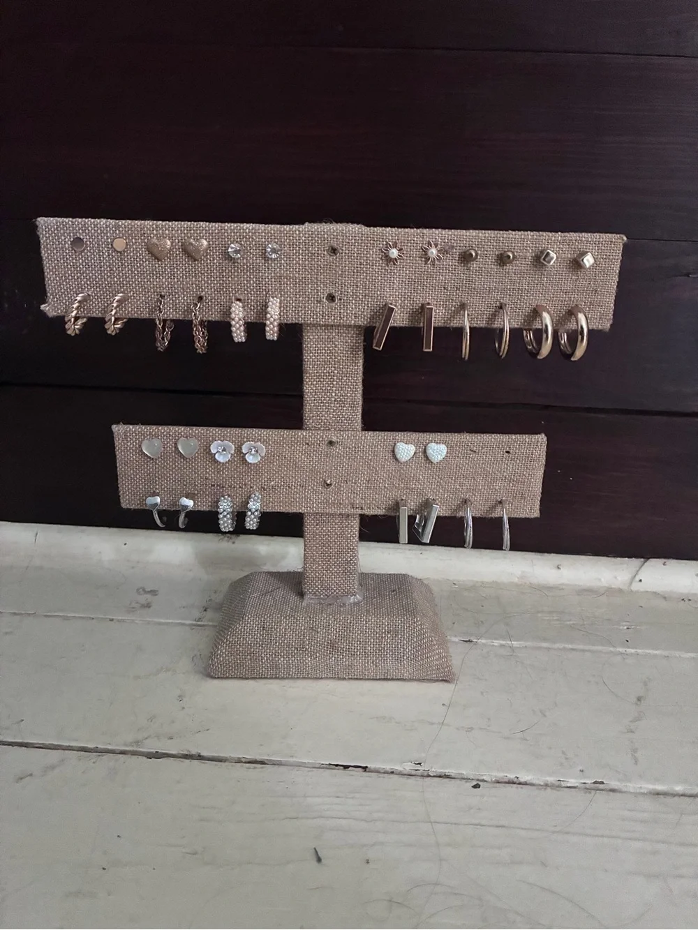 Origami Owl Tan Burlap Jewelry Display Shelf Earrings Ring Holder Stud Storage